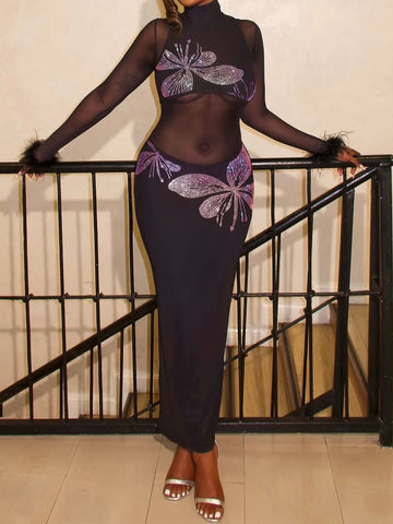 Hot Drilling See-through Feathered Cuffs Dress