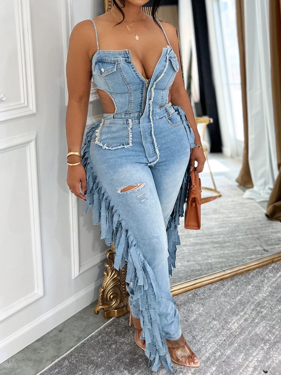 Fashion Cut-out Fringed Denim Jumpsuit