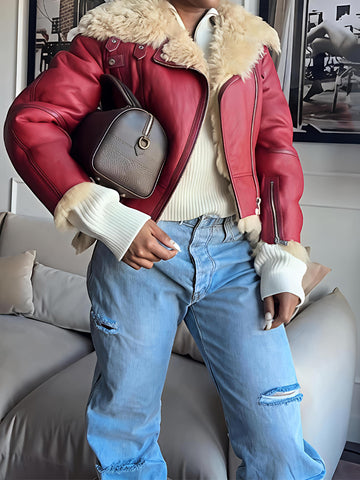 Red Leather & Shearling Biker Jacket