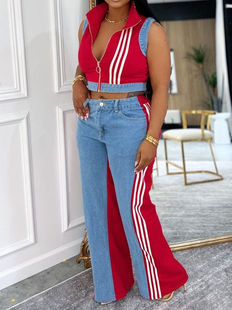 Denim Patchwork Zipper Jacket Two Pieces Set