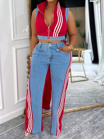 Denim Patchwork Zipper Jacket Two Pieces Set