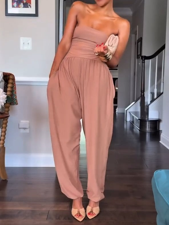 Crinkle Rayon Strapless Slouch Jumpsuit