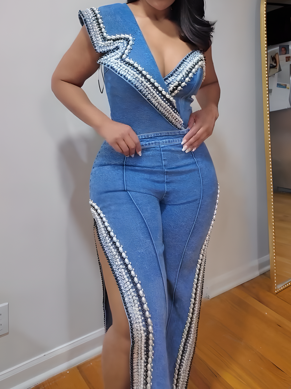 Luxurious Denim Asymmetrical Pearl Bodysuit+Side Slits Denim Pant
