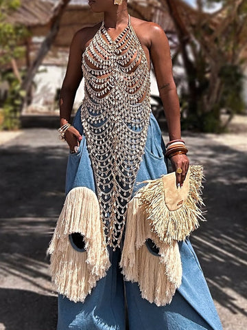 Luxury Handmade Chain Top + Fringe Pants