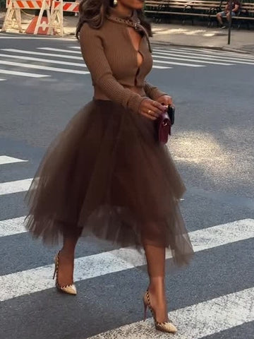 Skinny Knitted Cardigan + Elasticated-waistband Tulle Skirt