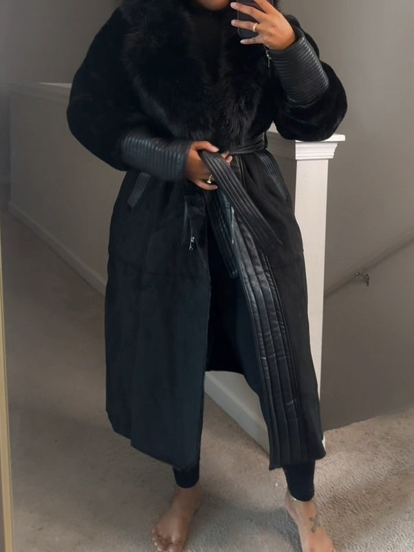 Black Vegan Fur Trim Black Vegan Leather Coat