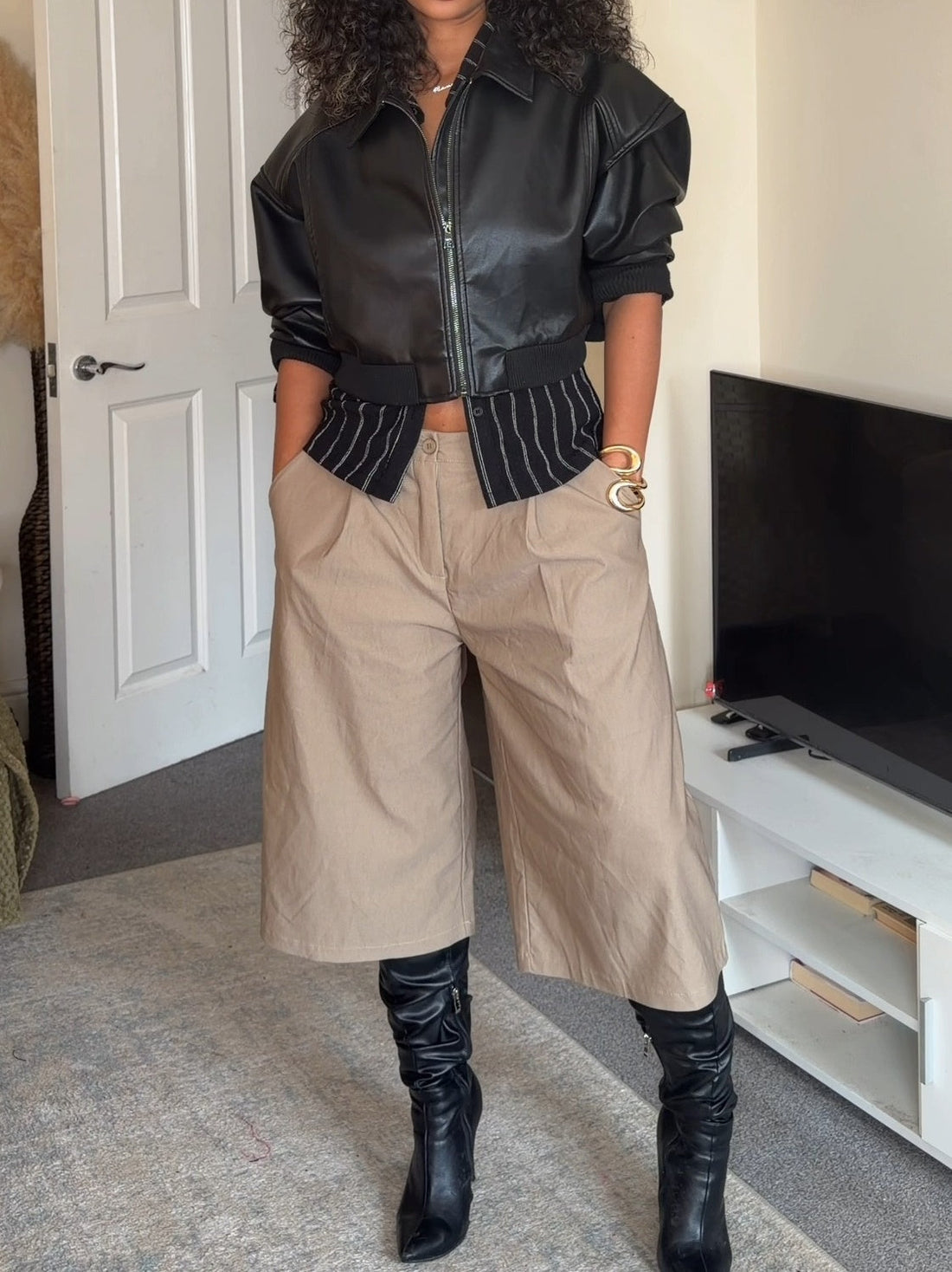 Vegan Leather Bubble Hem Bomber Jacket