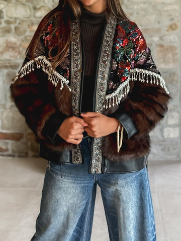 Sequined Floral Print Fur Coat