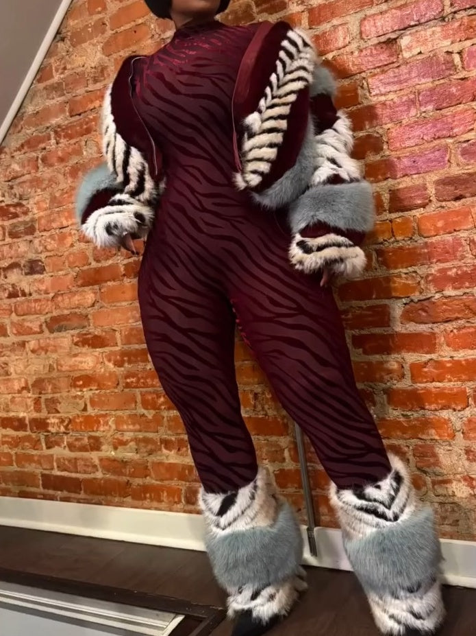 Striped Faux Fur Collared Filled Statement Jacket