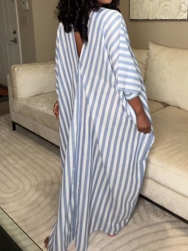 Striped Deep V-neck Backless Maxi Dress