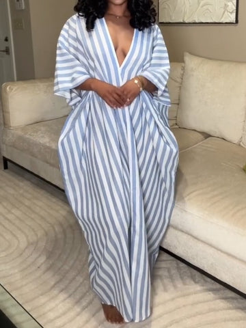 Striped Deep V-neck Backless Maxi Dress