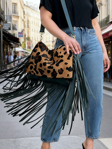 Large Fringe Leopard Print Fringe Bag