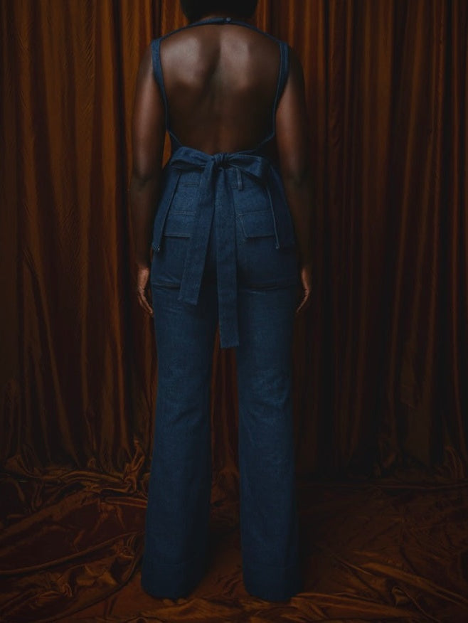 Backless Denim Peplum Two Pieces Set