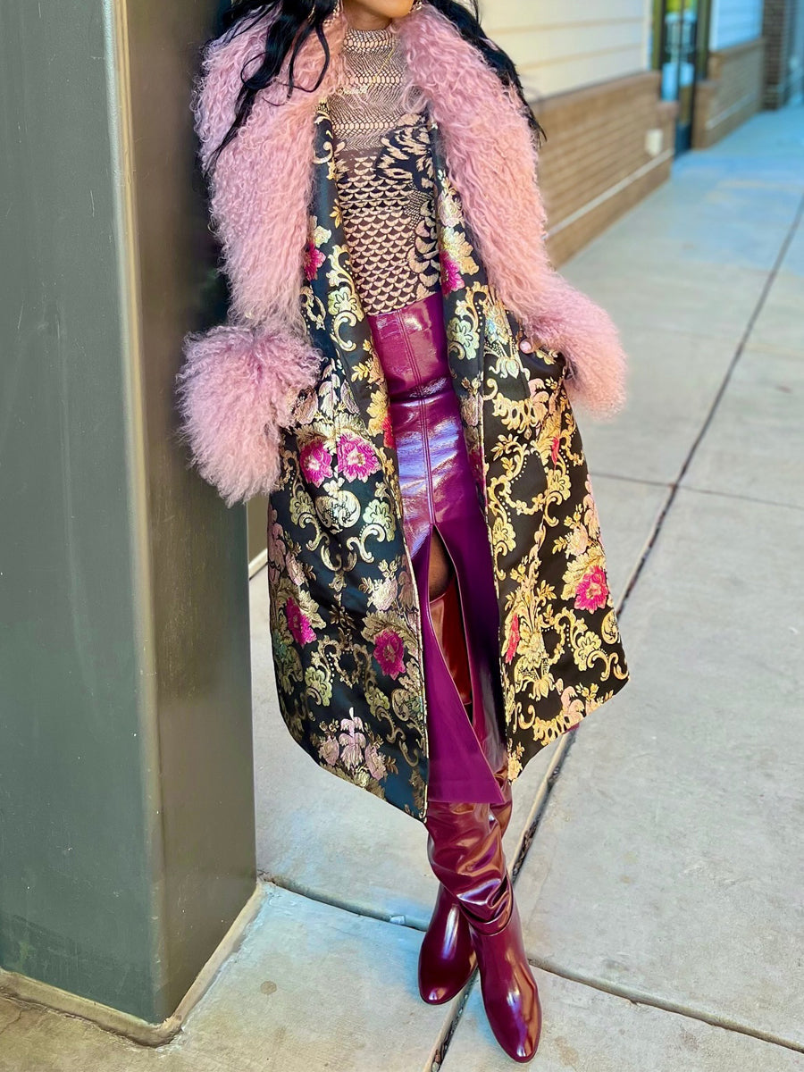 Detachable Faux Fur Patchwork Floral Print Coat