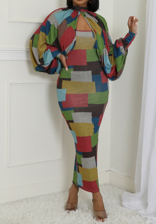 Colorblock Print Dress 2pc Set