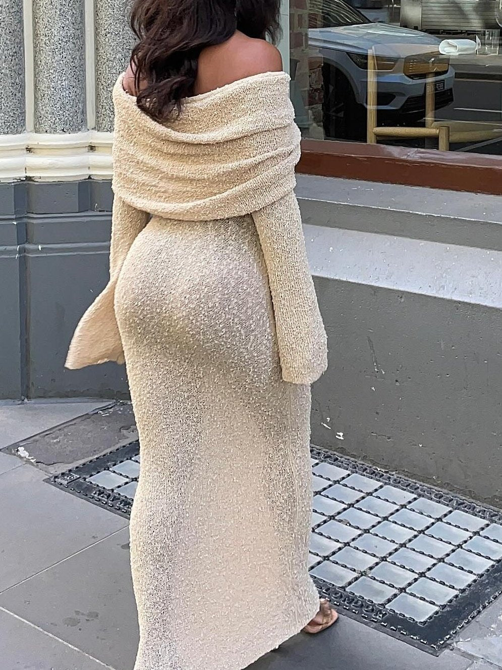 Wheat Knit Off Shoulder Maxi Dress